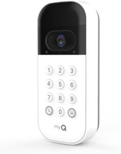 A white and black myQ smart garage video keypad with a camera and numbered buttons for secure access.