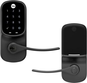 Yale black smart door lock with touchscreen keypad, shown from both front and back views.