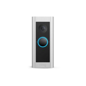 A Ring video doorbell with a silver and black design, featuring a camera and a blue-lit button.