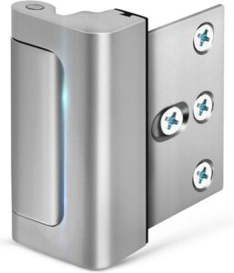 A silver smart door lock with a sleek design, featuring an illuminated indicator on the side.