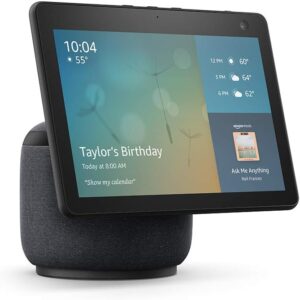 Amazon Echo Show 10 with rotating screen displaying weather and reminders.