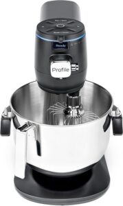 High-tech stand mixer with a sleek design, stainless steel mixing bowl, and smart control interface.