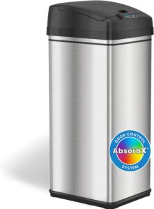 Stainless steel automatic trash can with AbsorbX odor control system and touchless sensor lid.