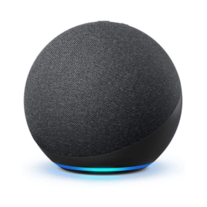 Amazon Echo Dot smart speaker in charcoal gray with a spherical fabric design and a blue LED light ring at the base.