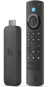 Amazon Fire TV Stick with Alexa Voice Remote, black, showing both the streaming device and remote control.