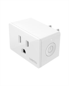 White Wemo smart plug with a power button on the side.