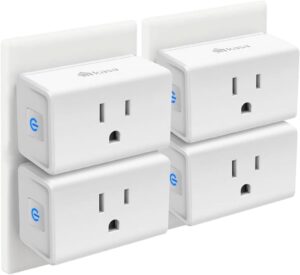 Four Kasa smart Wi-Fi plugs connected to two standard wall outlets, each plug featuring a power button with a blue LED indicator.