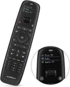 Black SofaBaton universal remote control with small OLED screen displaying connected devices like Fire TV, Roku, and Apple TV.