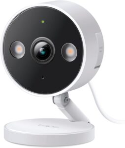 Tapo Smart Security Camera with a sleek white base and dual lights for enhanced home security.