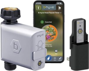 B-hyve Smart Hose Faucet Timer and controller with a mobile app displaying real-time garden watering control.