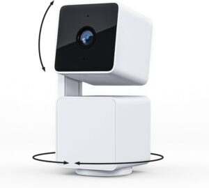 White smart security camera with rotating and tilting functionality.