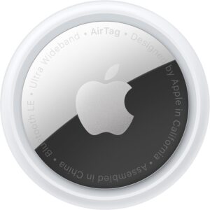 Apple AirTag circular device featuring a sleek design with the Apple logo in the center, surrounded by text detailing Bluetooth and Ultra Wideband features.