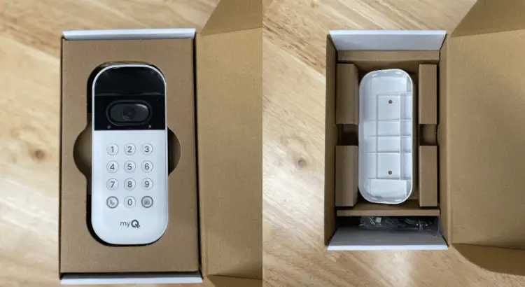 myQ video keypad and its mounting bracket in the box.