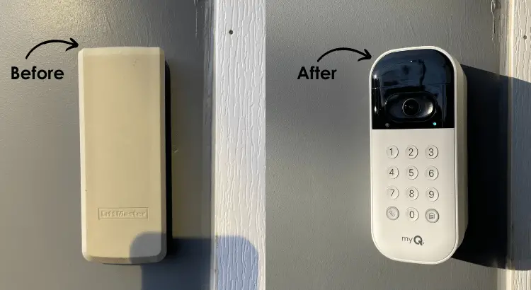 Before and after upgrade from an old LiftMaster garage remote to a new myQ video keypad.