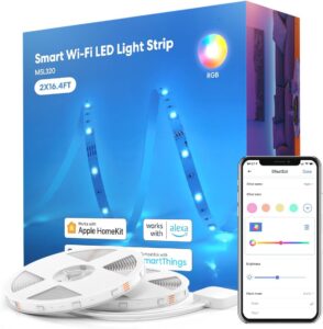 Product packaging and app interface for a Smart Wi-Fi LED Light Strip compatible with Apple HomeKit and Alexa.