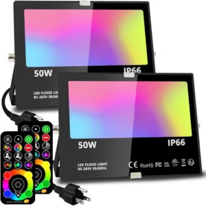 Two MELPO LED flood lights with vibrant, colorful displays, each accompanied by a remote control for various light settings and brightness adjustments.