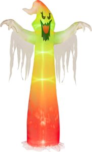 Colorful inflatable Halloween ghost with menacing smile.