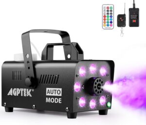 Compact fog machine with colorful lighting effects and remote control.