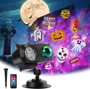 Halloween themed projector light displaying spooky scenes on a house."