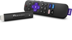 Roku streaming stick and remote with shortcut buttons for Netflix, Disney+, Apple TV+, and Paramount+.